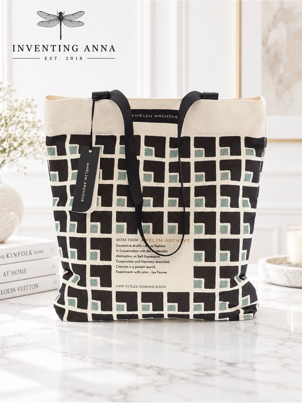 AMELIN ARCHIVE Geometric Print Canvas Tote Bag Black Mint Cream